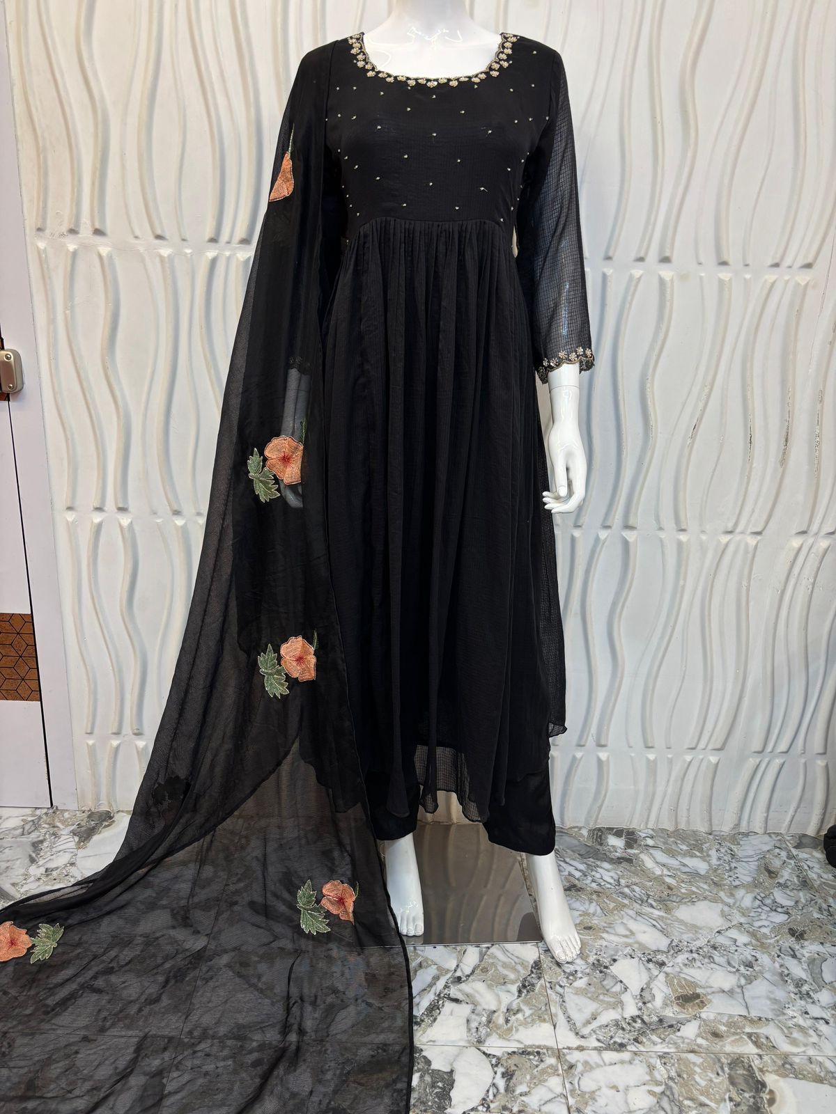 Jamdani 3-Piece Suit Set Long Sleeve | Handloom Floral Edition TealBlue/Black