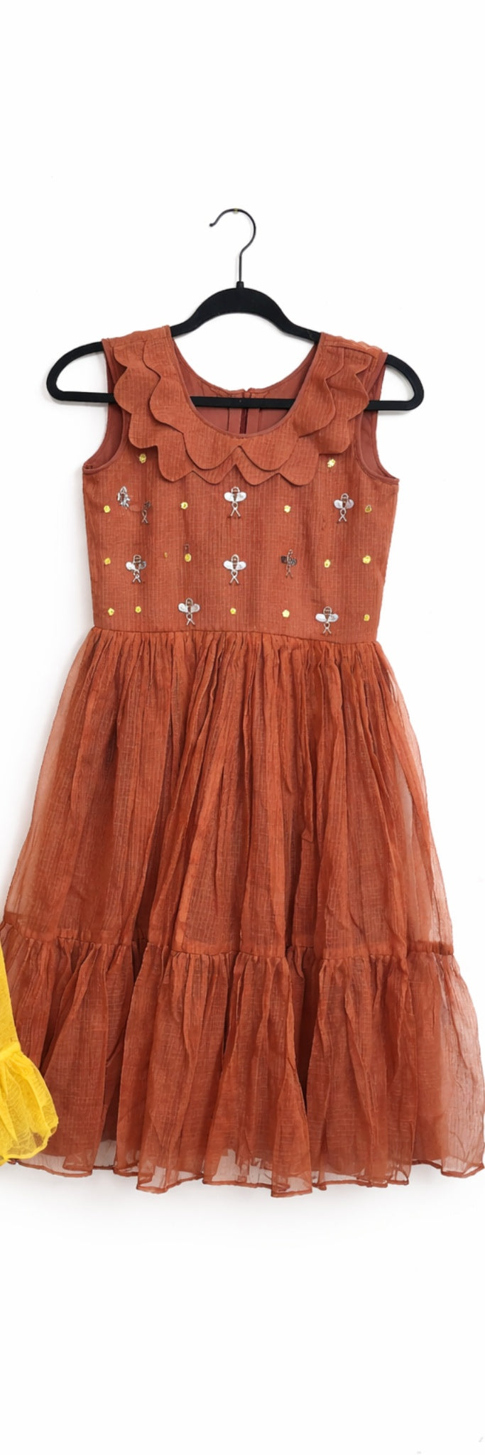 HAND-EMBROIDERED KOTA DRESS Mustard Yellow & Cocoa Brown