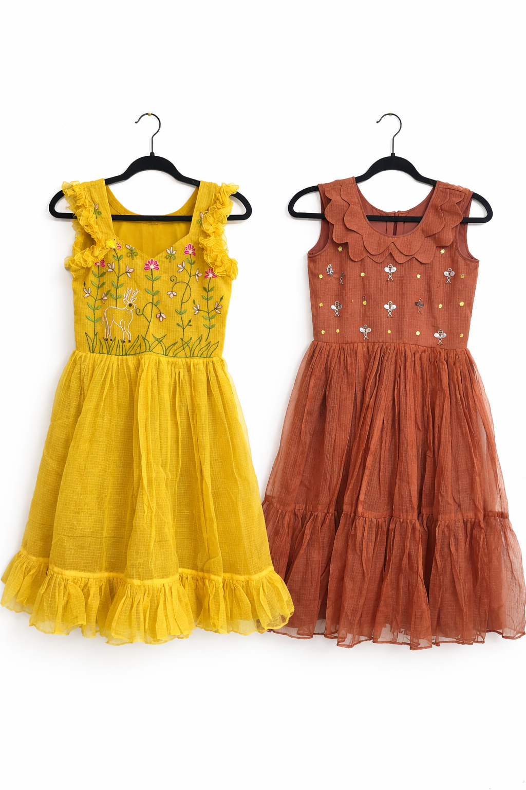 HAND-EMBROIDERED KOTA DRESS Mustard Yellow & Cocoa Brown