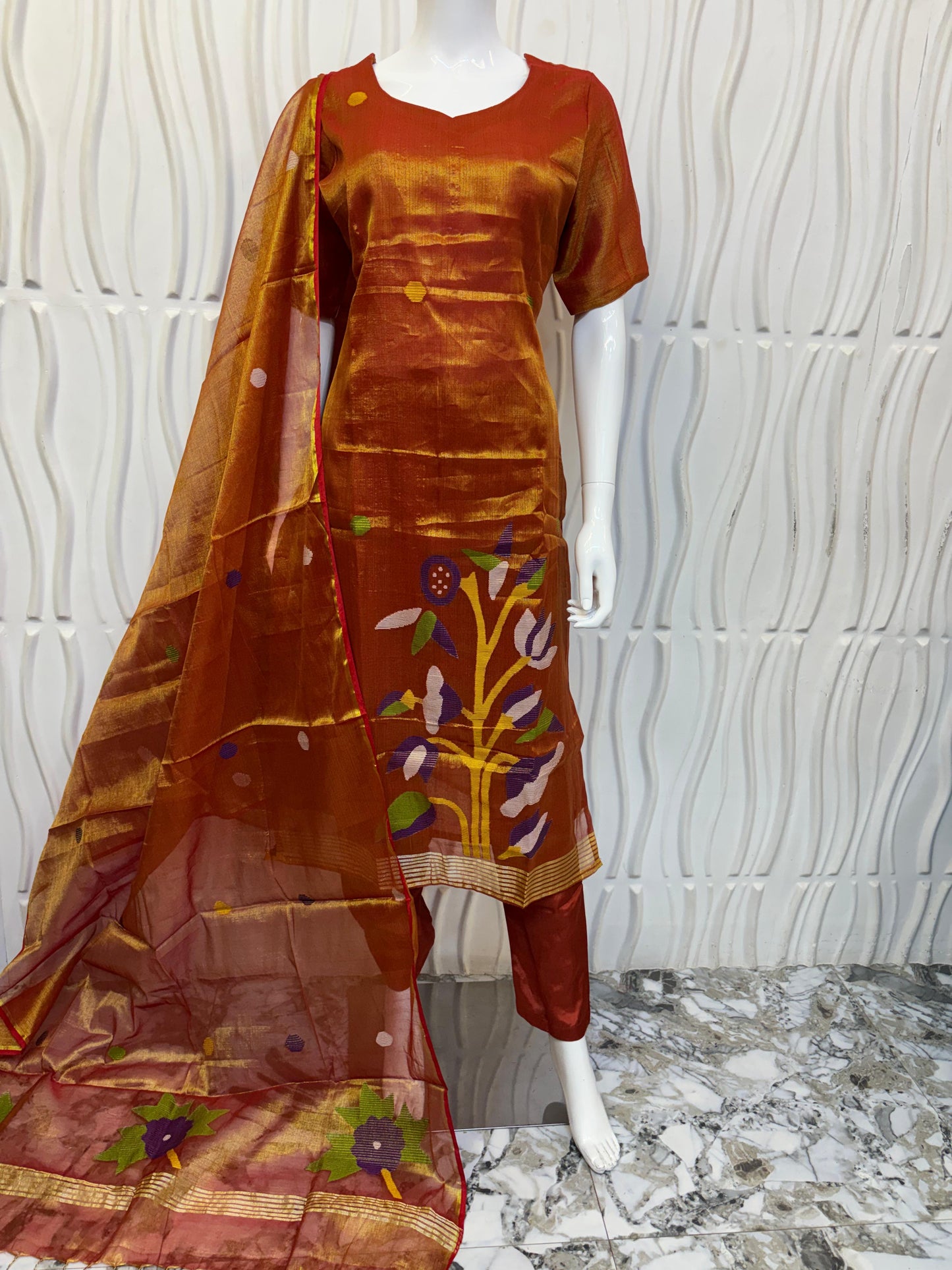Luxury Tissue Jamdani 3-Piece Suit Set | Handloom Floral Edition