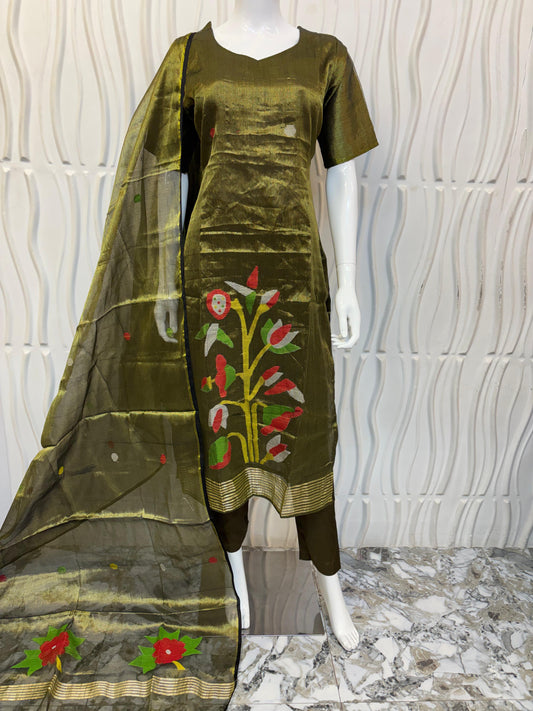 Luxury Tissue Jamdani 3-Piece Suit Set | Handloom Floral Edition