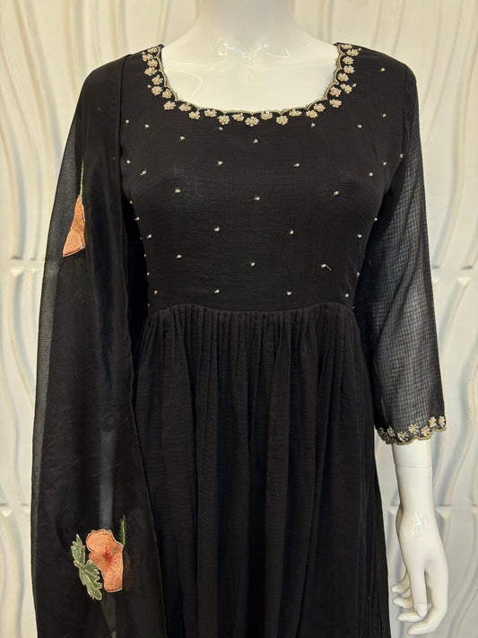 Jamdani 3-Piece Suit Set Long Sleeve | Handloom Floral Edition TealBlue/Black