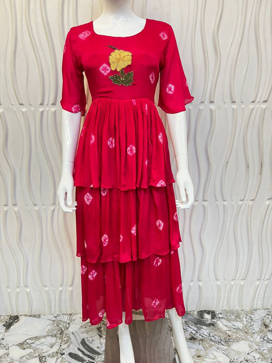 HAND-EMBROIDERED KOTA Frocks Mustard Pink/Wine Red/Red