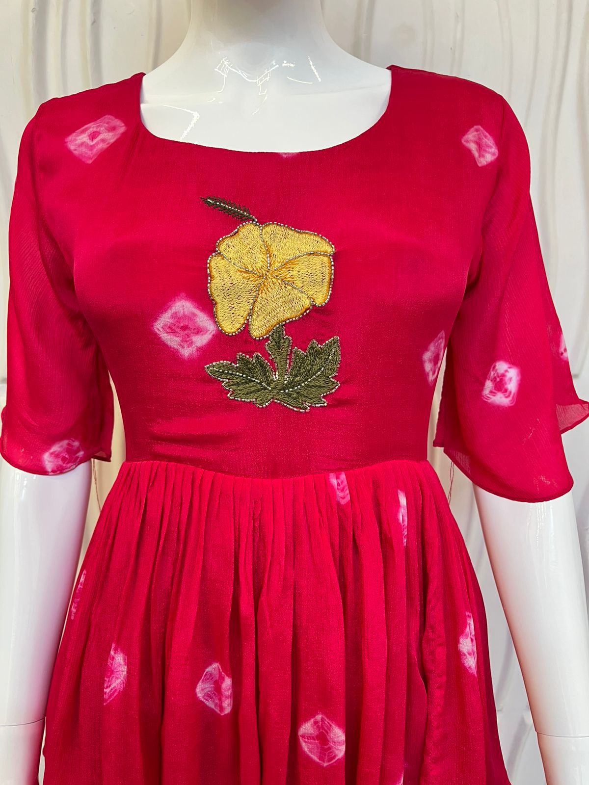 HAND-EMBROIDERED KOTA Frocks Mustard Pink/Wine Red/Red
