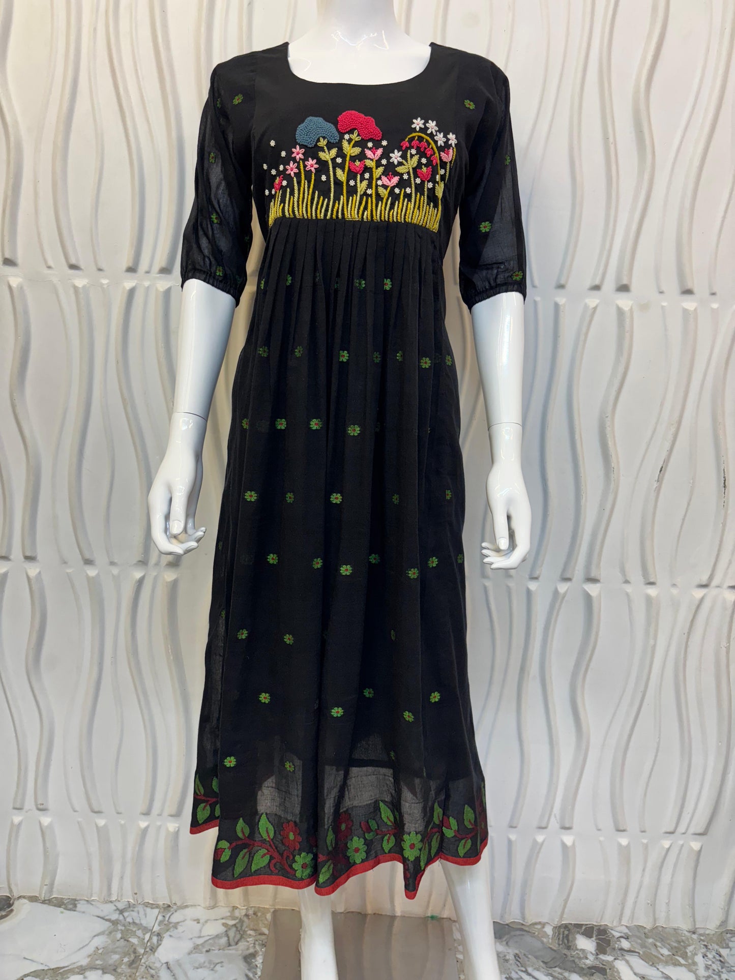 HAND-EMBROIDERED KOTA Frocks Mustard Green/Black/Purple