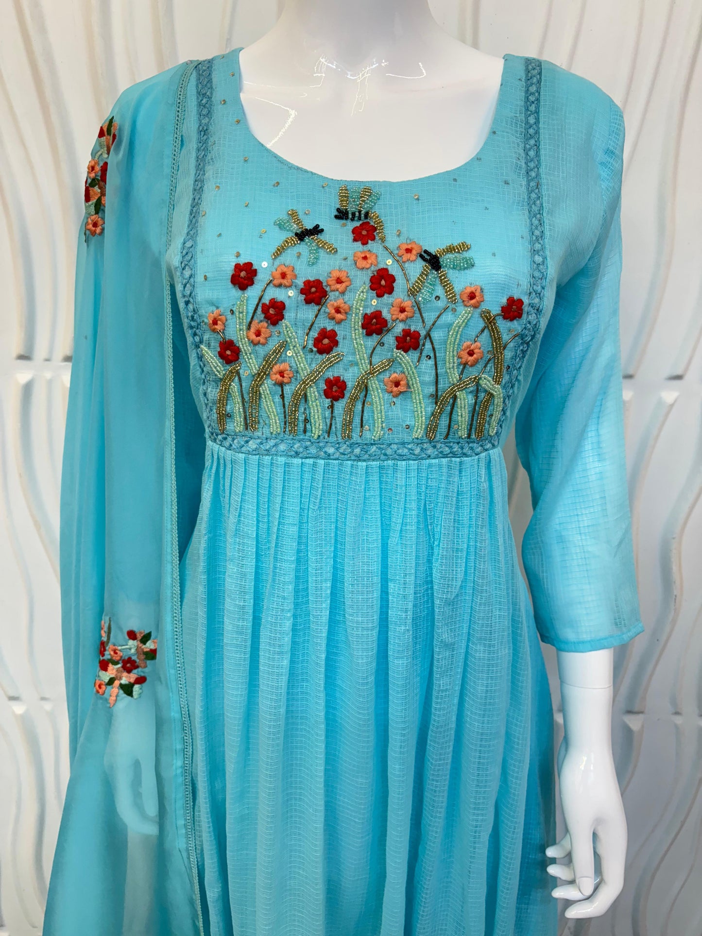Jamdani 3-Piece Suit Set Long Sleeve | Handloom Floral Edition TealBlue/Black