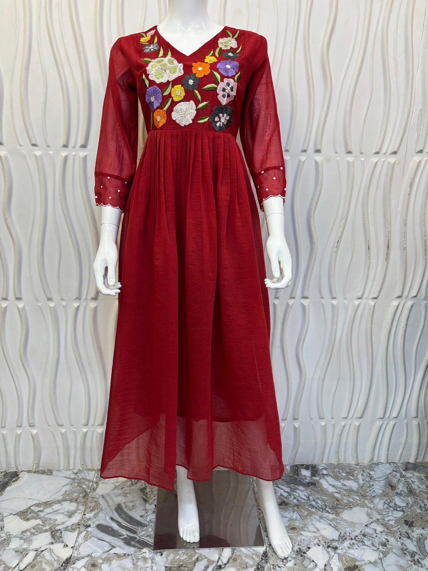 HAND-EMBROIDERED KOTA Frocks Mustard Pink/Wine Red/Red