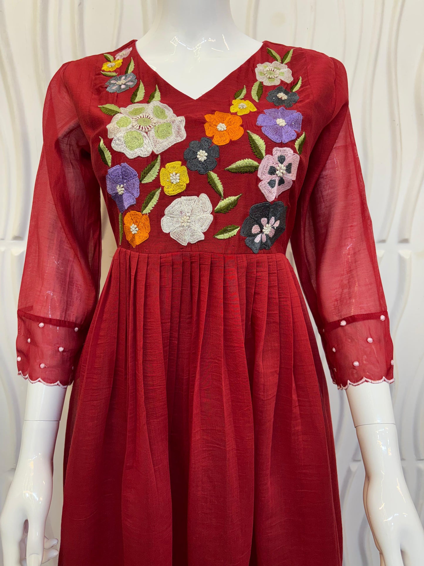 HAND-EMBROIDERED KOTA Frocks Mustard Pink/Wine Red/Red