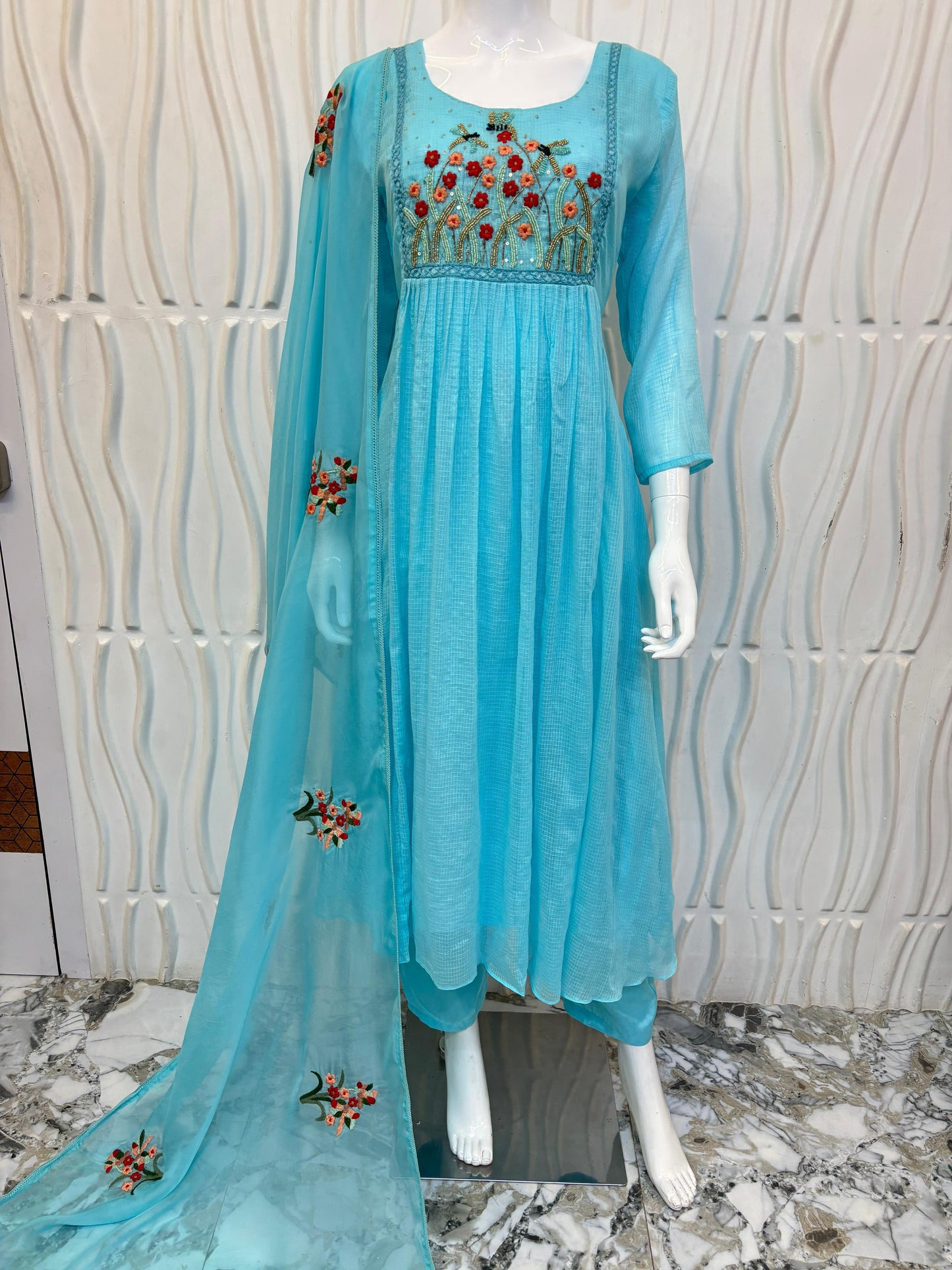 Jamdani 3-Piece Suit Set Long Sleeve | Handloom Floral Edition TealBlue/Black