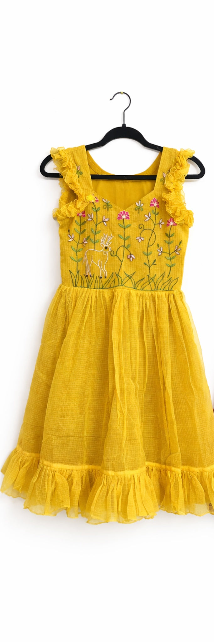 HAND-EMBROIDERED KOTA DRESS Mustard Yellow & Cocoa Brown